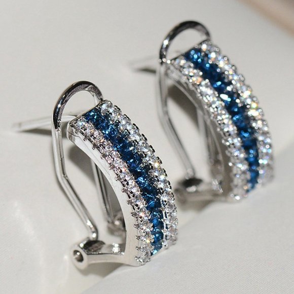 Jewelry - NEW Silver Blue Sapphire Pave Round Diamond Omega Stud Earrings